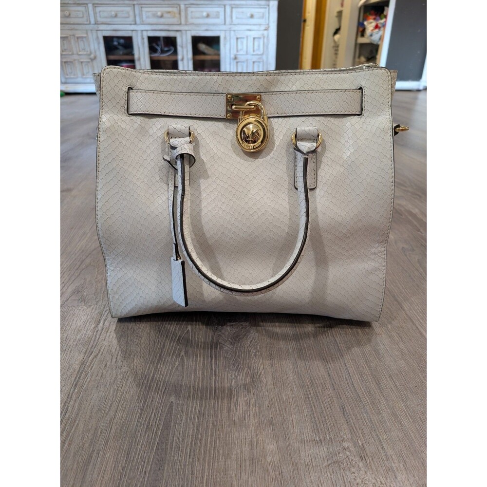 Michael Kors Hamilton Snake Embossed Leather Satchel Tote Crossbody Bag White